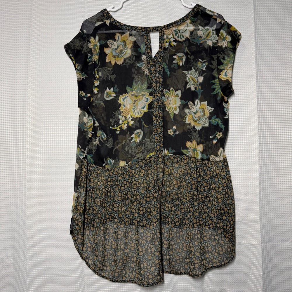 DR2 Floral High-Low Blouse Large Black Multi Sheer Mixed Print Top - Picture 2 of 5